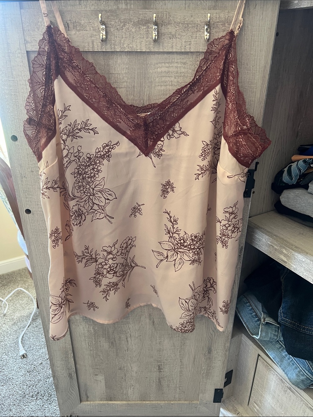 Old Navy Blush Floral Lace-Trim Cami with Brown Lace